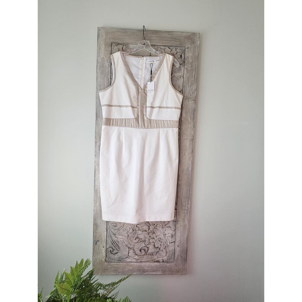 Calvin Klein White Sleeveless Dress Wedding Elegant Size 12 NWT Champagne Accent